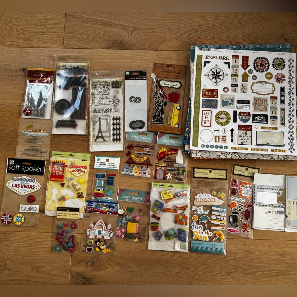 Assorted Scrapbooking Stickers, Paper and Embellishments TRAVEL